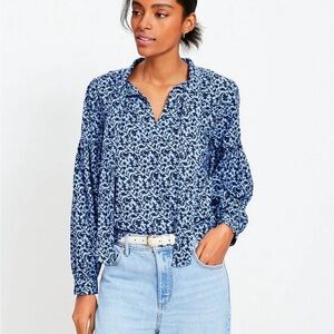 LOFT Blue Patterned Tie Neck Blouse